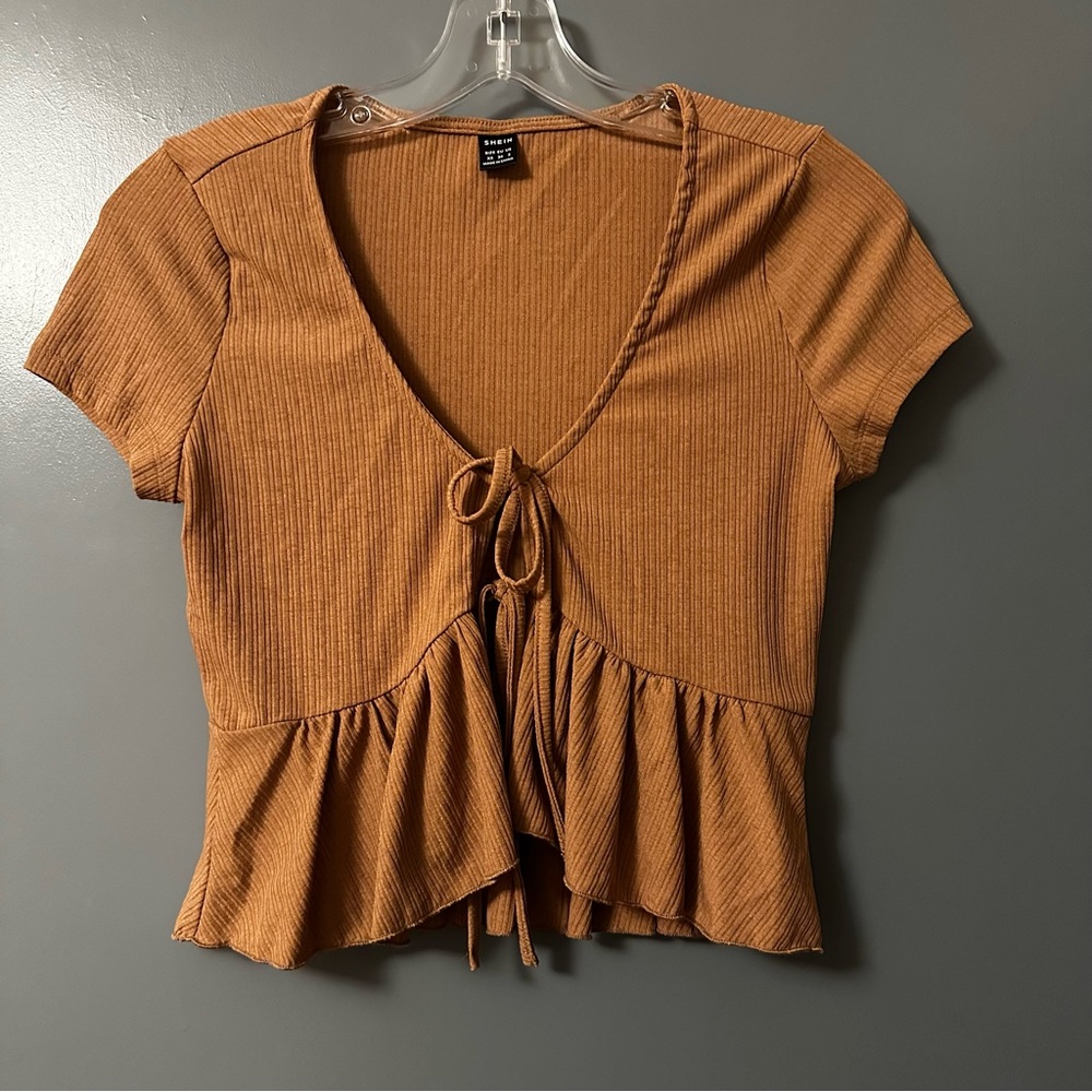 SHEIN Ribbed Tie-Front Peplum Crop Top in Brown - Picture 1 of 4